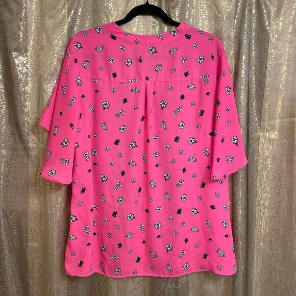 Express Bright Neon Hot Pink Black Floral Blouse, Large - Picture 2 of 6